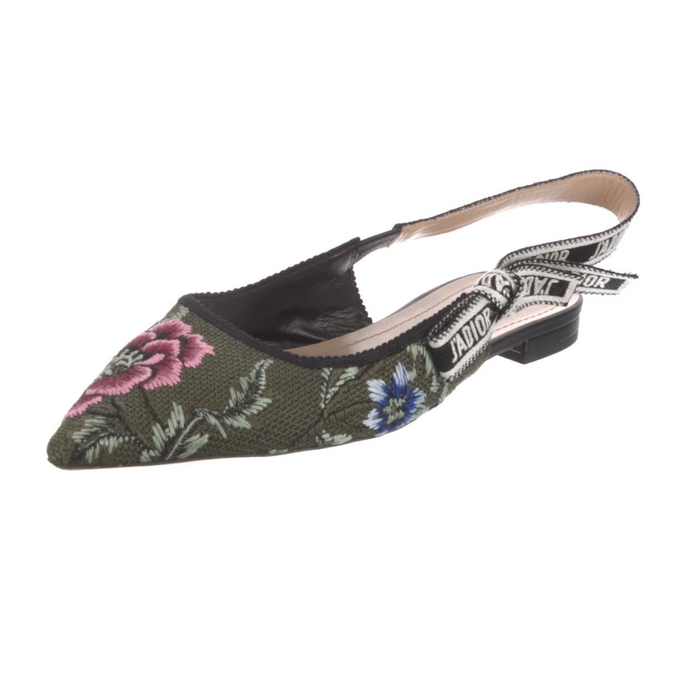 Dior Floral Embroidered Slingback Flats - Green and Black
